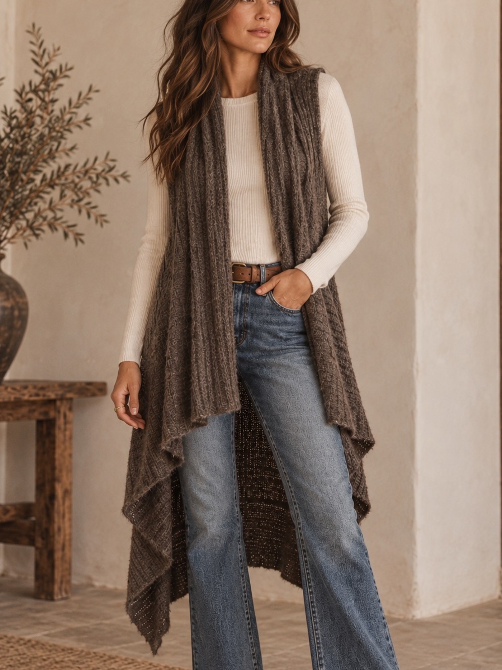 Italian Mohair Wool Knit Long Vest Brown Asymmetrical Open Front Small